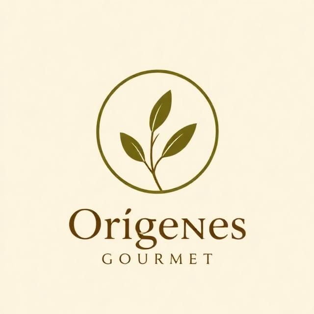 Minimalist logo for gourmet food brand named 'Orígenes Gourmet'. Flat vector, circular emblem with a subtle leaf/olive branch, earthy tones (olive green #3A5A40 and warm brown #8B5E34), designed to read well on a light cream background. Modern, elegant typography for the name 'Orígenes Gourmet' integrated below or within the emblem. Transparent background, 1024x1024, clean and professional.